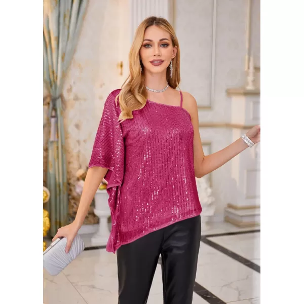 GRACE KARIN 2023 Womens Elegant Sequin Tops One Shoulder Batwing Short Sleeve Sparkly Blouse ShirtRose Red