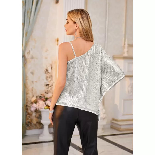 GRACE KARIN 2023 Womens Elegant Sequin Tops One Shoulder Batwing Short Sleeve Sparkly Blouse ShirtSilver White