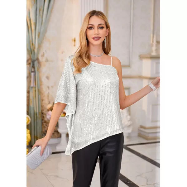 GRACE KARIN 2023 Womens Elegant Sequin Tops One Shoulder Batwing Short Sleeve Sparkly Blouse ShirtSilver White