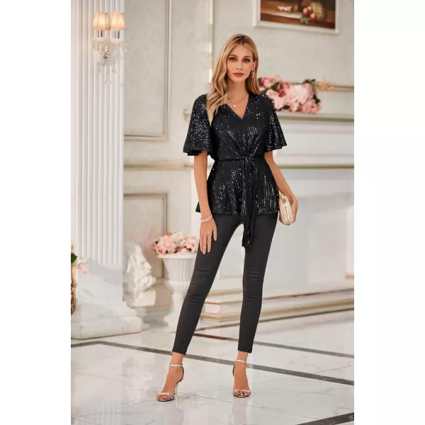 GRACE KARIN 2023 Womens Elegant Sequin Tops V Neck Tie Front Short Bell Sleeve Shirts Peplum Tops BlouseBlack