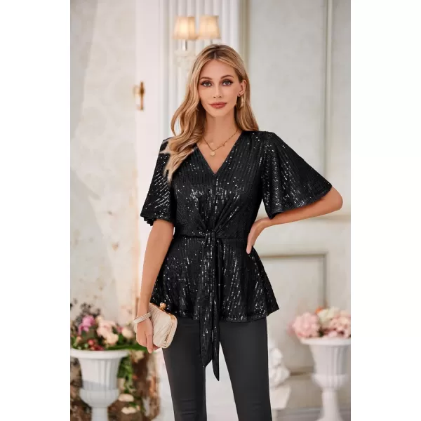 GRACE KARIN 2023 Womens Elegant Sequin Tops V Neck Tie Front Short Bell Sleeve Shirts Peplum Tops BlouseBlack