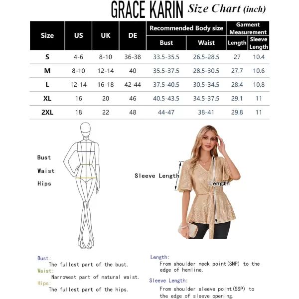 GRACE KARIN 2023 Womens Elegant Sequin Tops V Neck Tie Front Short Bell Sleeve Shirts Peplum Tops BlouseBlack