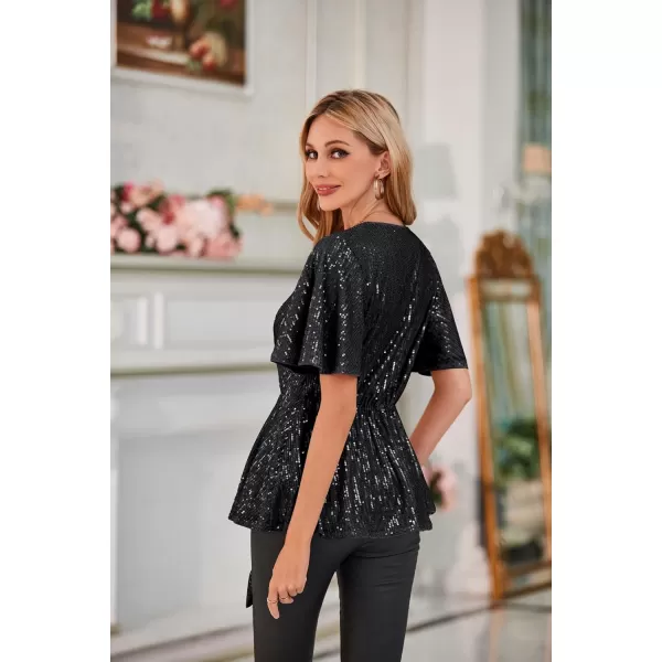 GRACE KARIN 2023 Womens Elegant Sequin Tops V Neck Tie Front Short Bell Sleeve Shirts Peplum Tops BlouseBlack