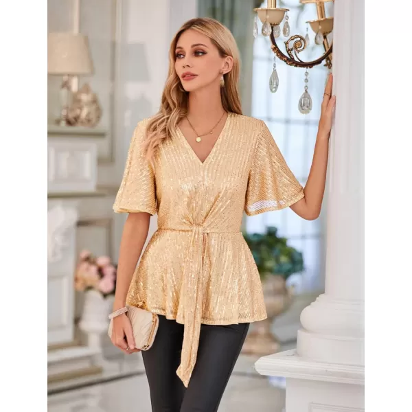 GRACE KARIN 2023 Womens Elegant Sequin Tops V Neck Tie Front Short Bell Sleeve Shirts Peplum Tops BlouseChampagne