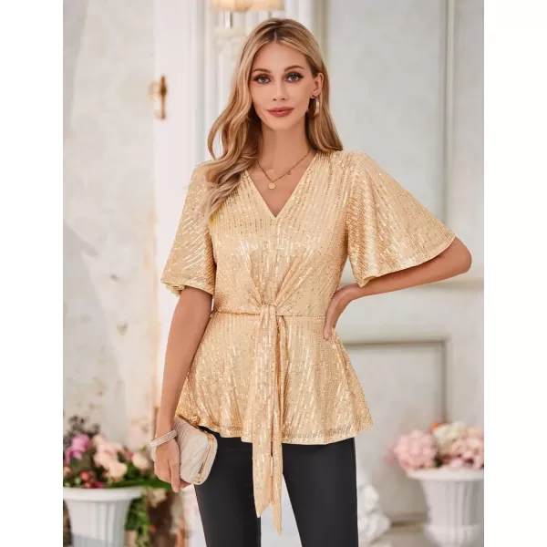 GRACE KARIN 2023 Womens Elegant Sequin Tops V Neck Tie Front Short Bell Sleeve Shirts Peplum Tops BlouseChampagne