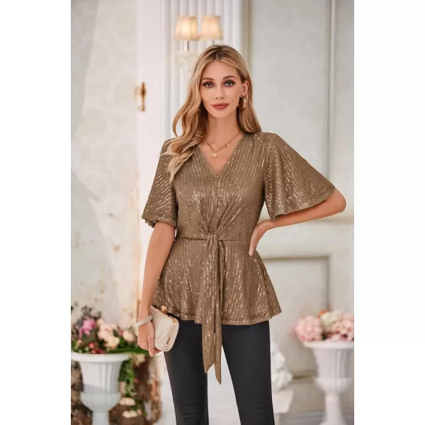 GRACE KARIN 2023 Womens Elegant Sequin Tops V Neck Tie Front Short Bell Sleeve Shirts Peplum Tops BlouseCoffee