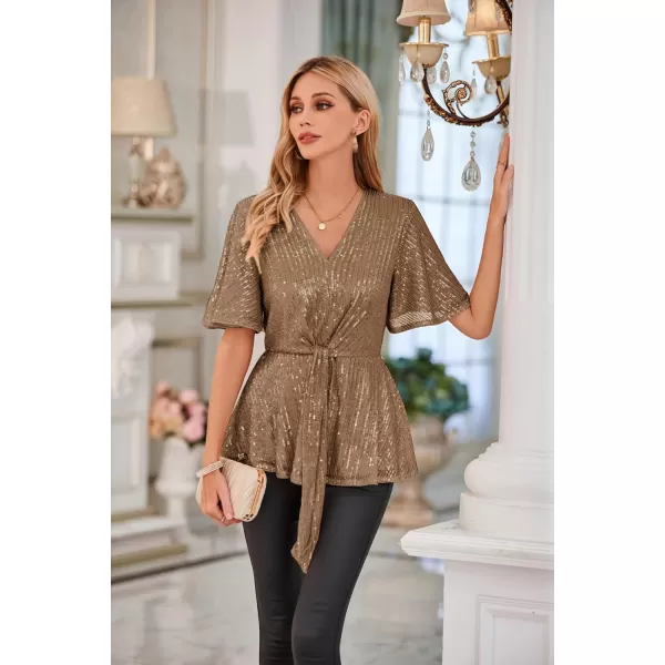 GRACE KARIN 2023 Womens Elegant Sequin Tops V Neck Tie Front Short Bell Sleeve Shirts Peplum Tops BlouseCoffee