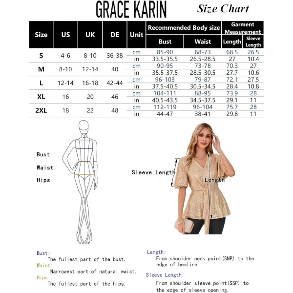 GRACE KARIN 2023 Womens Elegant Sequin Tops V Neck Tie Front Short Bell Sleeve Shirts Peplum Tops BlouseGreen