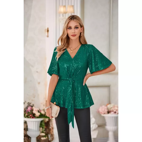 GRACE KARIN 2023 Womens Elegant Sequin Tops V Neck Tie Front Short Bell Sleeve Shirts Peplum Tops BlouseGreen