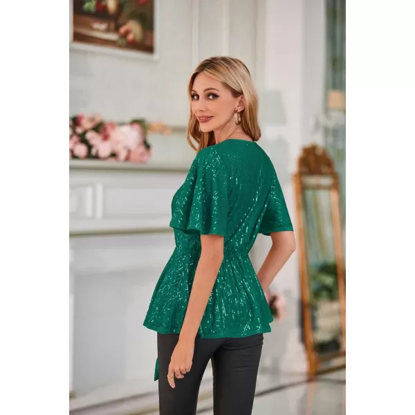 GRACE KARIN 2023 Womens Elegant Sequin Tops V Neck Tie Front Short Bell Sleeve Shirts Peplum Tops BlouseGreen