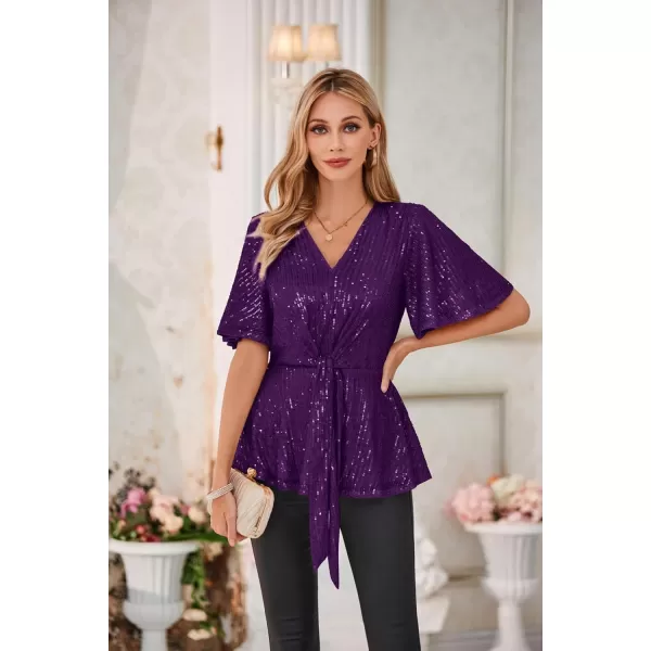 GRACE KARIN 2023 Womens Elegant Sequin Tops V Neck Tie Front Short Bell Sleeve Shirts Peplum Tops BlousePurple