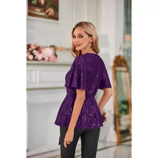 GRACE KARIN 2023 Womens Elegant Sequin Tops V Neck Tie Front Short Bell Sleeve Shirts Peplum Tops BlousePurple