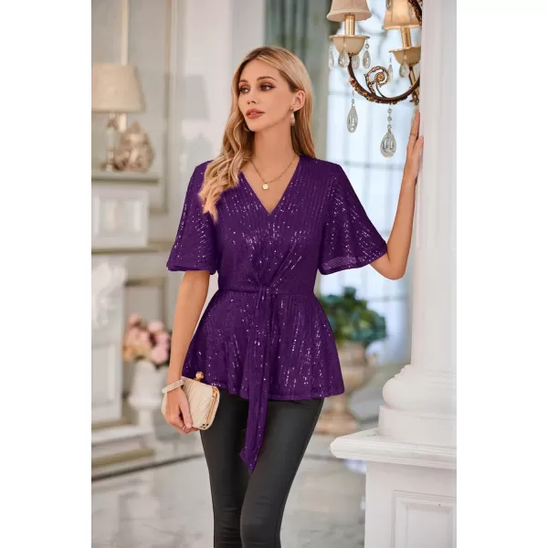 GRACE KARIN 2023 Womens Elegant Sequin Tops V Neck Tie Front Short Bell Sleeve Shirts Peplum Tops BlousePurple