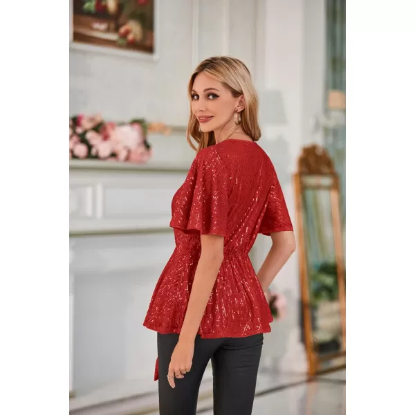 GRACE KARIN 2023 Womens Elegant Sequin Tops V Neck Tie Front Short Bell Sleeve Shirts Peplum Tops BlouseRed