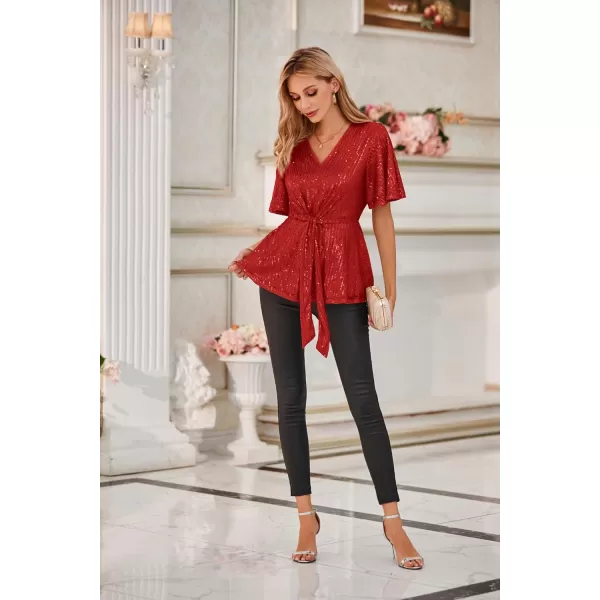 GRACE KARIN 2023 Womens Elegant Sequin Tops V Neck Tie Front Short Bell Sleeve Shirts Peplum Tops BlouseRed