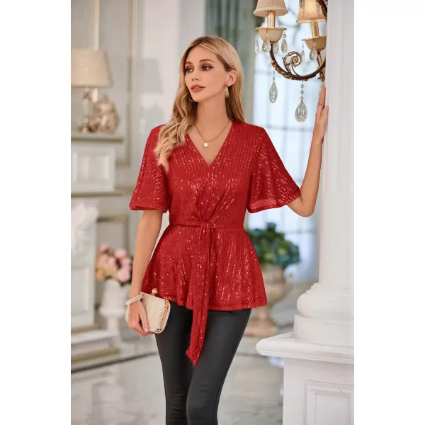 GRACE KARIN 2023 Womens Elegant Sequin Tops V Neck Tie Front Short Bell Sleeve Shirts Peplum Tops BlouseRed