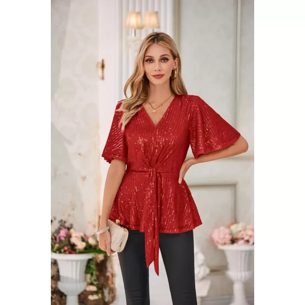 GRACE KARIN 2023 Womens Elegant Sequin Tops V Neck Tie Front Short Bell Sleeve Shirts Peplum Tops BlouseRed