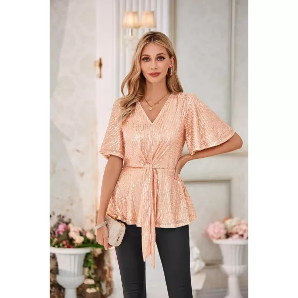 GRACE KARIN 2023 Womens Elegant Sequin Tops V Neck Tie Front Short Bell Sleeve Shirts Peplum Tops BlouseRose Gold