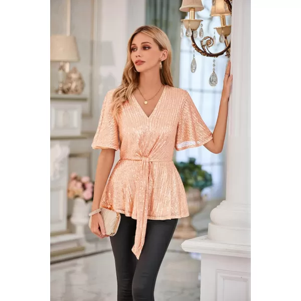 GRACE KARIN 2023 Womens Elegant Sequin Tops V Neck Tie Front Short Bell Sleeve Shirts Peplum Tops BlouseRose Gold