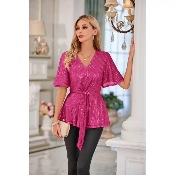 GRACE KARIN 2023 Womens Elegant Sequin Tops V Neck Tie Front Short Bell Sleeve Shirts Peplum Tops BlouseRose Red