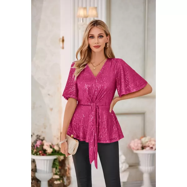 GRACE KARIN 2023 Womens Elegant Sequin Tops V Neck Tie Front Short Bell Sleeve Shirts Peplum Tops BlouseRose Red