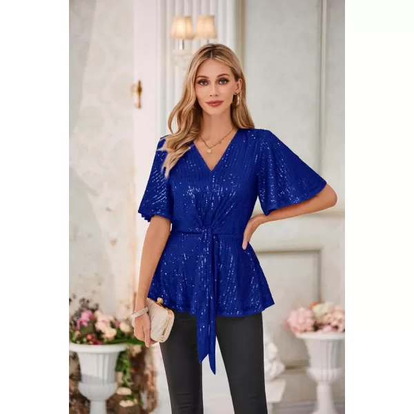 GRACE KARIN 2023 Womens Elegant Sequin Tops V Neck Tie Front Short Bell Sleeve Shirts Peplum Tops BlouseRoyal Blue