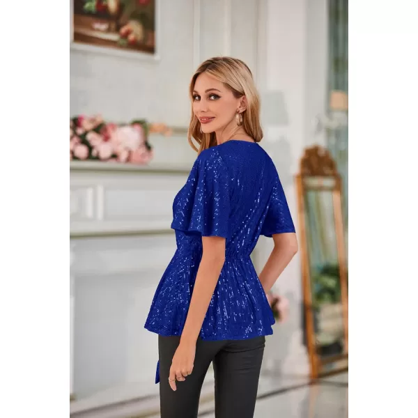 GRACE KARIN 2023 Womens Elegant Sequin Tops V Neck Tie Front Short Bell Sleeve Shirts Peplum Tops BlouseRoyal Blue