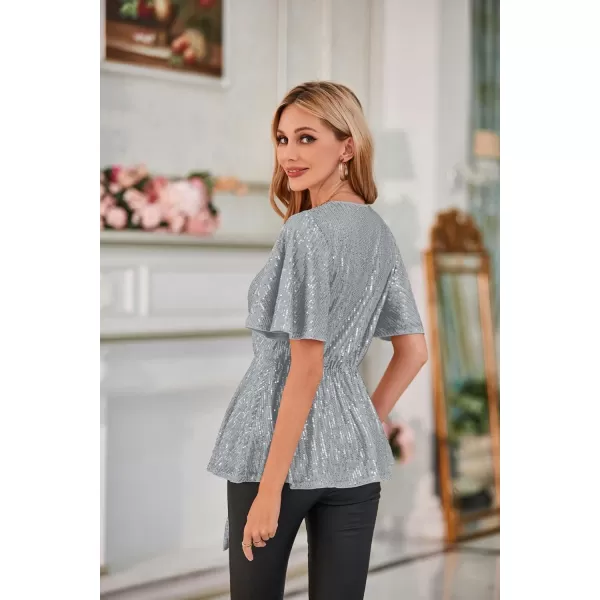 GRACE KARIN 2023 Womens Elegant Sequin Tops V Neck Tie Front Short Bell Sleeve Shirts Peplum Tops BlouseSilver Gray