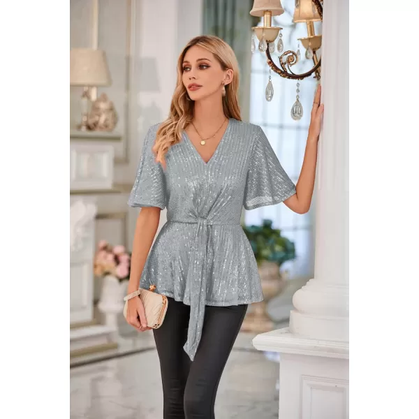 GRACE KARIN 2023 Womens Elegant Sequin Tops V Neck Tie Front Short Bell Sleeve Shirts Peplum Tops BlouseSilver Gray