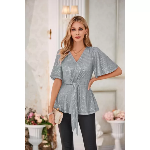 GRACE KARIN 2023 Womens Elegant Sequin Tops V Neck Tie Front Short Bell Sleeve Shirts Peplum Tops BlouseSilver Gray