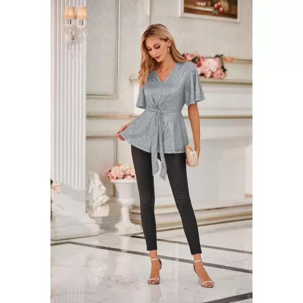 GRACE KARIN 2023 Womens Elegant Sequin Tops V Neck Tie Front Short Bell Sleeve Shirts Peplum Tops BlouseSilver Gray