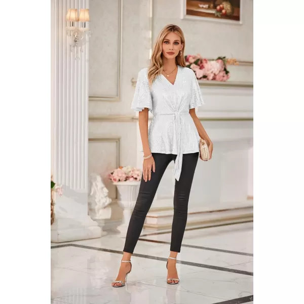 GRACE KARIN 2023 Womens Elegant Sequin Tops V Neck Tie Front Short Bell Sleeve Shirts Peplum Tops BlouseSilver White