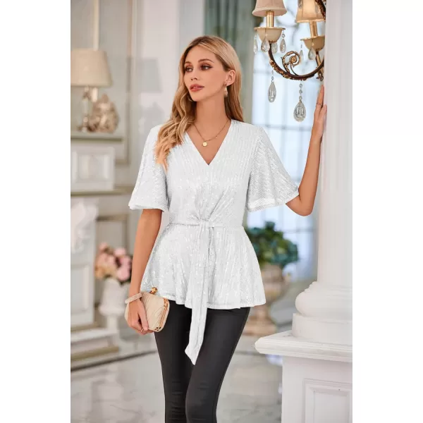 GRACE KARIN 2023 Womens Elegant Sequin Tops V Neck Tie Front Short Bell Sleeve Shirts Peplum Tops BlouseSilver White