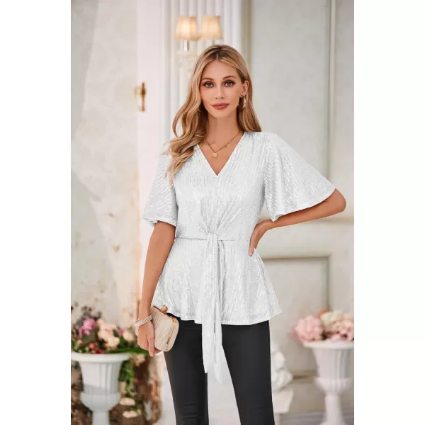 GRACE KARIN 2023 Womens Elegant Sequin Tops V Neck Tie Front Short Bell Sleeve Shirts Peplum Tops BlouseSilver White