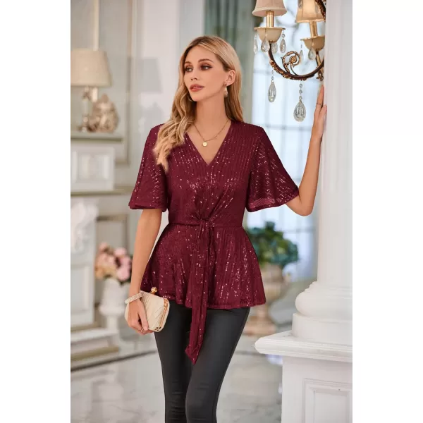 GRACE KARIN 2023 Womens Elegant Sequin Tops V Neck Tie Front Short Bell Sleeve Shirts Peplum Tops BlouseWine Red