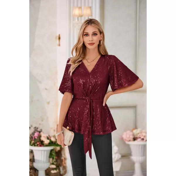 GRACE KARIN 2023 Womens Elegant Sequin Tops V Neck Tie Front Short Bell Sleeve Shirts Peplum Tops BlouseWine Red