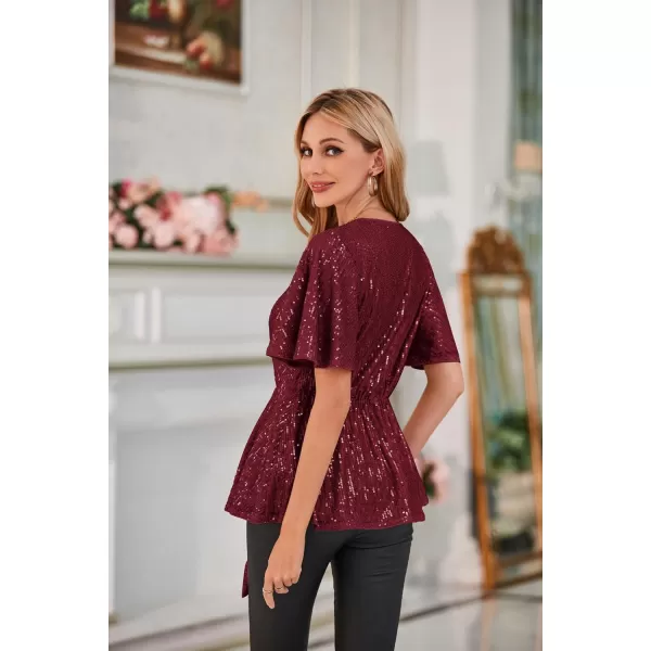 GRACE KARIN 2023 Womens Elegant Sequin Tops V Neck Tie Front Short Bell Sleeve Shirts Peplum Tops BlouseWine Red