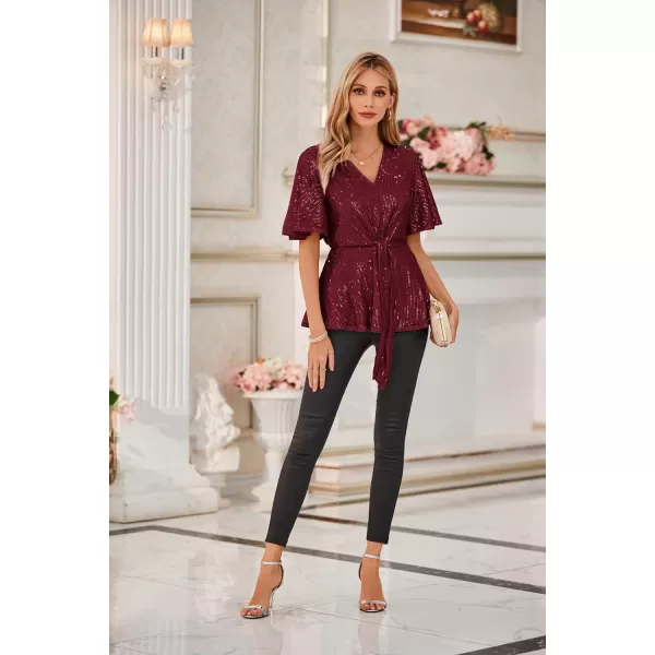 GRACE KARIN 2023 Womens Elegant Sequin Tops V Neck Tie Front Short Bell Sleeve Shirts Peplum Tops BlouseWine Red