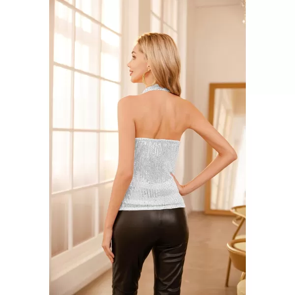 GRACE KARIN 2023 Womens Halter Cowl Neck Sequin Top Backless Slim Fit Ruched Cocktail Sparkle Tank TopsSilver Whitesequin