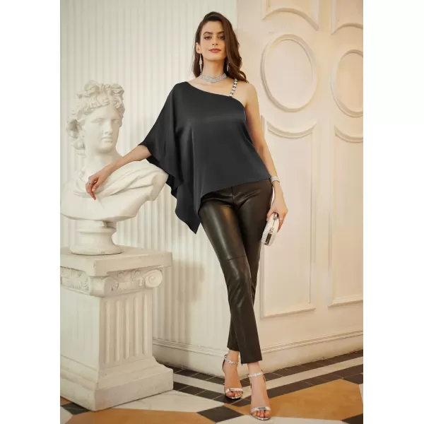 GRACE KARIN 2023 Womens Summer Satin One Shoulder Tops 34 Bell Sleeve Rhinestone Strap Asymmetrical Blouse ShirtBlacksatin