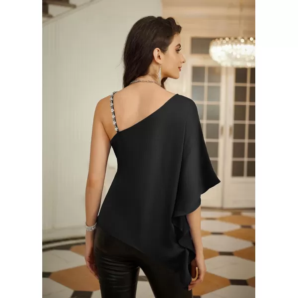 GRACE KARIN 2023 Womens Summer Satin One Shoulder Tops 34 Bell Sleeve Rhinestone Strap Asymmetrical Blouse ShirtBlacksatin