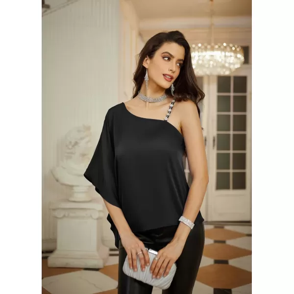 GRACE KARIN 2023 Womens Summer Satin One Shoulder Tops 34 Bell Sleeve Rhinestone Strap Asymmetrical Blouse ShirtBlacksatin