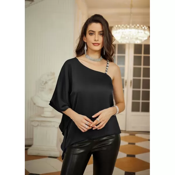 GRACE KARIN 2023 Womens Summer Satin One Shoulder Tops 34 Bell Sleeve Rhinestone Strap Asymmetrical Blouse ShirtBlacksatin