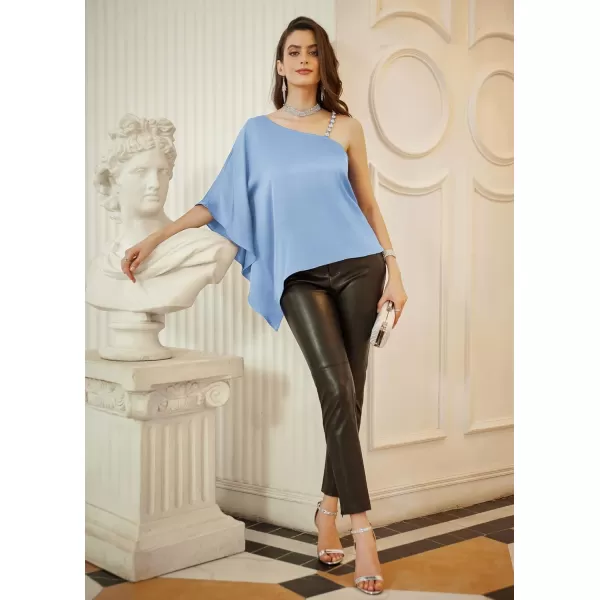 GRACE KARIN 2023 Womens Summer Satin One Shoulder Tops 34 Bell Sleeve Rhinestone Strap Asymmetrical Blouse ShirtGray Bluesatin