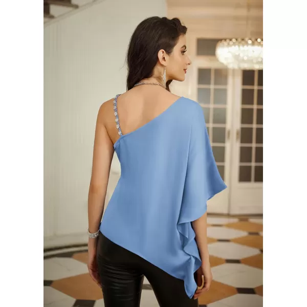 GRACE KARIN 2023 Womens Summer Satin One Shoulder Tops 34 Bell Sleeve Rhinestone Strap Asymmetrical Blouse ShirtGray Bluesatin