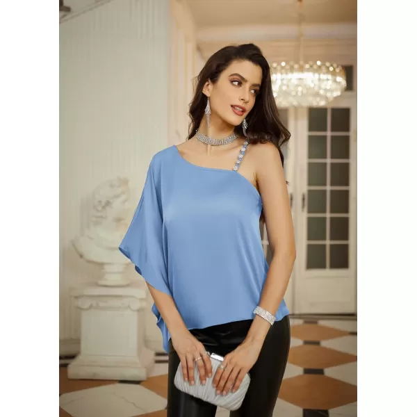 GRACE KARIN 2023 Womens Summer Satin One Shoulder Tops 34 Bell Sleeve Rhinestone Strap Asymmetrical Blouse ShirtGray Bluesatin