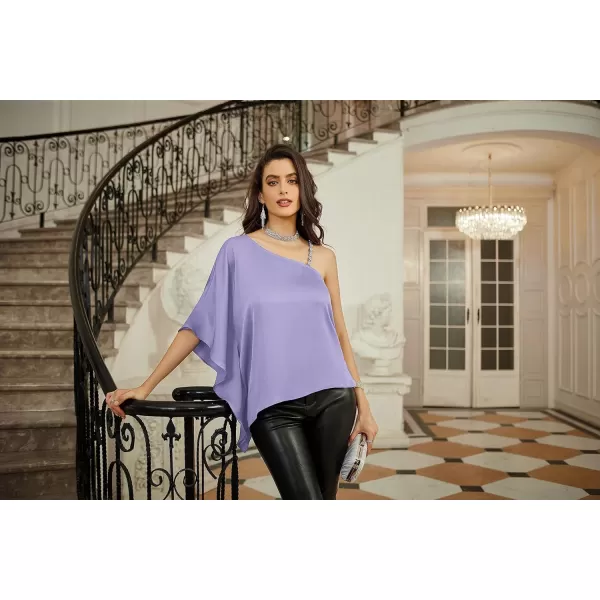 GRACE KARIN 2023 Womens Summer Satin One Shoulder Tops 34 Bell Sleeve Rhinestone Strap Asymmetrical Blouse ShirtLilac Purplesatin