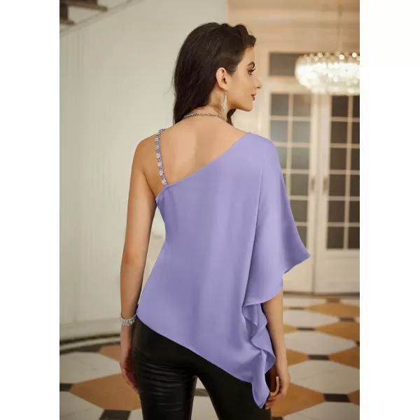 GRACE KARIN 2023 Womens Summer Satin One Shoulder Tops 34 Bell Sleeve Rhinestone Strap Asymmetrical Blouse ShirtLilac Purplesatin