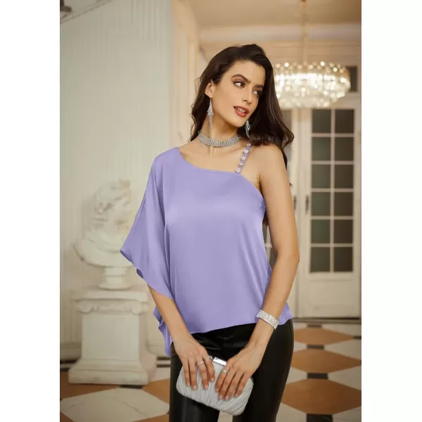 GRACE KARIN 2023 Womens Summer Satin One Shoulder Tops 34 Bell Sleeve Rhinestone Strap Asymmetrical Blouse ShirtLilac Purplesatin