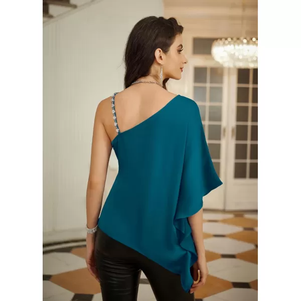 GRACE KARIN 2023 Womens Summer Satin One Shoulder Tops 34 Bell Sleeve Rhinestone Strap Asymmetrical Blouse ShirtPeacock Bluesatin